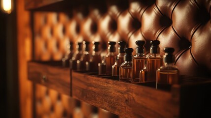 Close up of perfume bottles on a dark wood shelf display