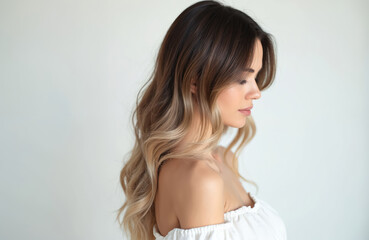 Young woman with stylish balayage hair and elegant white dress. She has long wavy hair with dark roots and blonde ends. Woman wears off shoulder top. Her hair looks healthy and glossy.