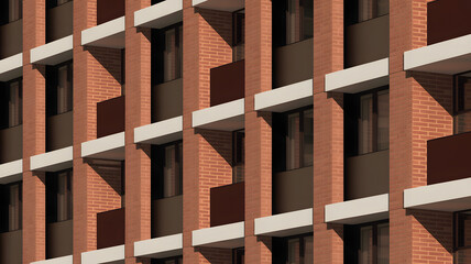 Closeup of a red brick building with multiple balconies and windows