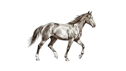 Elegant horse illustration, isolated artwork on white background with copy space; black and white sketch for design projects.