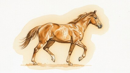 Running horse illustration, artistic watercolor painting of a chestnut horse in motion with copy space.