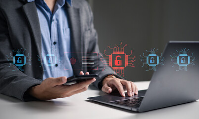 The image displays a breach alert with an unlocked red padlock, signifying a data leak in a secure system, highlighting vulnerability and risk—a key concept in cybersecurity. © MrPanya