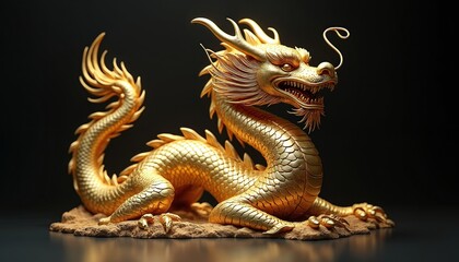 Fototapeta premium Golden traditional chinese dragon statue posed on rough ground against dark background. Majestic creature looks powerful and wise, symbolizing good fortune and strength.