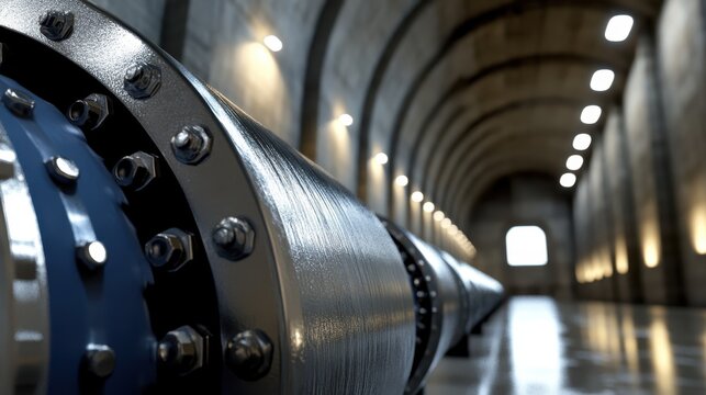 Close up view of a large hydro powered turbine generator machine with gleaming metallic surface inside an industrial arched structure