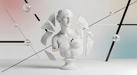 Abstract artwork of a classical bust with shattered elements and geometric lines