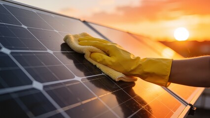 Hand cleaning solar panel at sunset