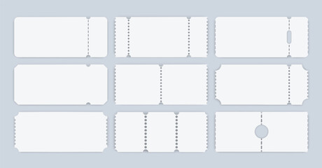 Obraz na płótnie Canvas Movie paper ticket. Blank coupon, white voucher badge vector set. Discount cardboard card, empty circus or party tickets, event label frame isolated. Realistic admit one pass mockup