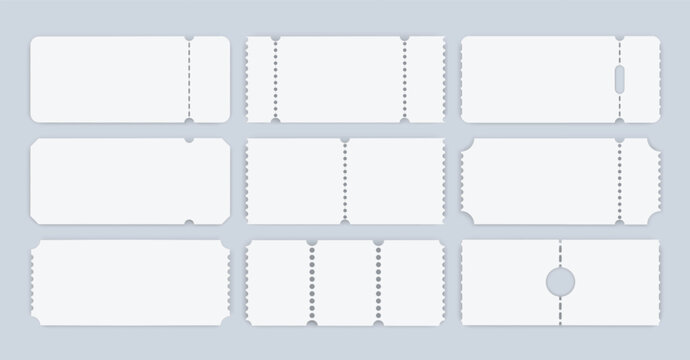 Movie paper ticket. Blank coupon, white voucher badge vector set. Discount cardboard card, empty circus or party tickets, event label frame isolated. Realistic admit one pass mockup