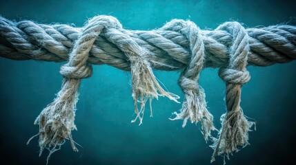Fototapeta premium Close up of a weathered rope with frayed ends against a blue backdrop