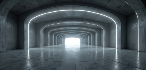 Fototapeta premium Minimalist concrete corridor with arched entrances. White light lines illuminate the endless hallway. Modern architecture background for abstract concepts. Space with clean floors and walls.