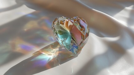 Fototapeta premium Faceted crystal heart on white silk fabric with rainbow light reflections. Glass gemstone with prismatic colors for luxury romance concept