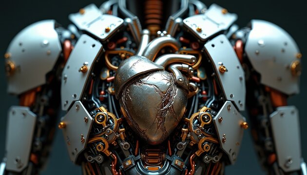 Robotic torso with exposed metal heart. Intricate gears and circuits visible in chest cavity. Futuristic artificial organ concept. Advanced biomechanics and cybernetics.
