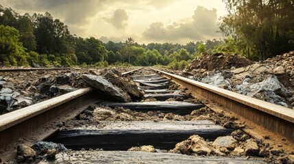 Damaged railway tracks warped and buckled by earth movement in a natural disaster scene with debris and overgrowth under a cloudy sky