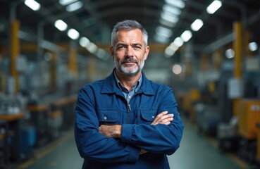 Fototapeta premium Mature man with grey beard, blue work jacket stands with arms crossed inside industrial factory hall. Experienced employee looks at camera with confidence in production plant. Skilled worker