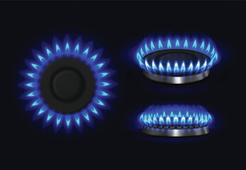 Naklejka premium Gas stove realistic burner with blue flame top and side view. 3d hob with fire, cooking oven and stovetop power ring. Gas energy heat burner and kitchen cooktop flame. Isolated vector set