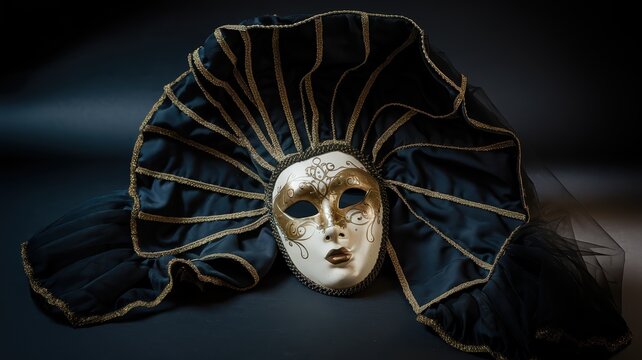 Elegant Venetian carnival mask with gold details and black fabric collar. Dramatic masquerade costume accessory on dark background