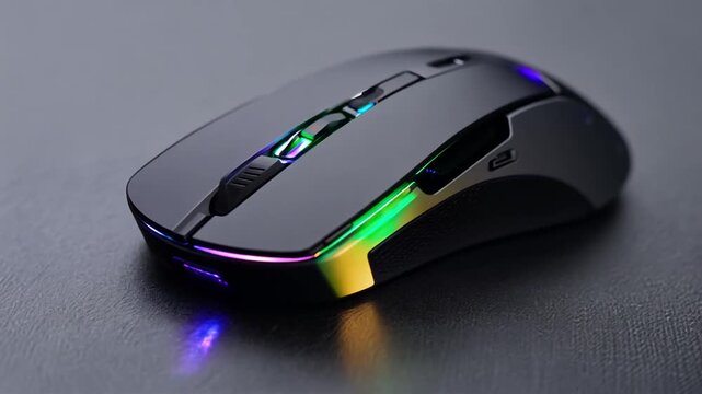 Dynamic close-up footage showcases a sleek, dark gaming mouse with customizable RGB lighting. The vibrant colors fluidly transition along the side grips and scroll wheel, emphasizing the mouse's high