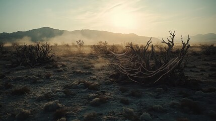 Delicate spiderwebs are stretched across dry desert branches in the hazy morning sunlight