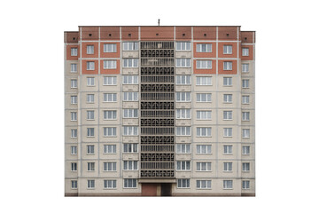 Nine-storey panel apartment building with central ventilation shaft is isolated.
