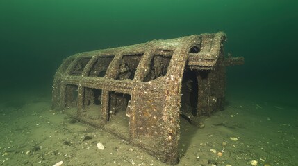 Detailed view of submerged decorative ironwork remnants on the seabed covered in marine growth
