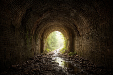 Obraz premium Exit from the old abandoned brick arch tunnel of the 19th century fortification with light in the end.