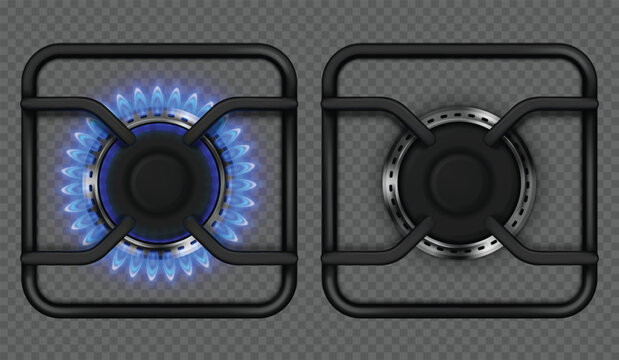 3d hob with fire. Gas stove realistic burner with blue flame top view. Cooking oven and stovetop burning propane ring. Gas energy glowing burner and kitchen cooktop flame. Isolated vector set