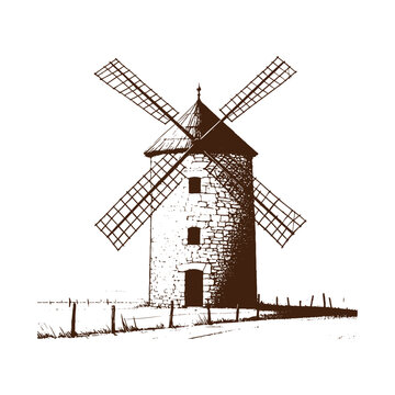 Old stone windmill with four blades