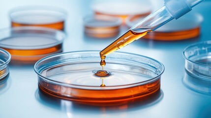 Pipette dispensing amber solution into Petri dish in lab setting