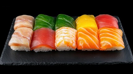 Colorful sushi rolls on a black plate with bright lighting