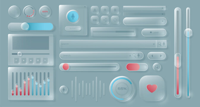 Glass ui glassmorphism with 3d transparent button and liquid box app. Realistic interface progress bar, dashboard panel ux and frosted futuristic style. Glossy hud, glass morphism phone 3 vector set