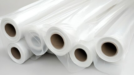 Rolls of heavy duty opaque white plastic sheeting material stacked for industrial use and construction projects