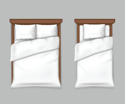 3d bed top view realistic furniture with white cover, home interior above. Bedroom bedclothes, blanket and pillow for texture design. Duvet with twin and single bed. Vector isolated mockup