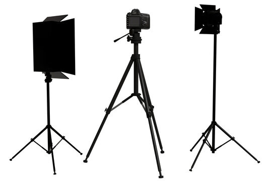 studio setup camera on tripod, rectangular light panel, and another stand. Essential equipment for capturing images or videos