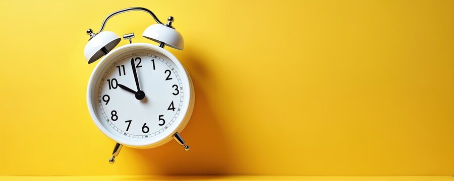 White twin-bell retro alarm clock stands prominently on bright vibrant yellow studio background. Hands indicate five minutes to 12 oclock, approaching deadline critical timing. Image conveys urgency,