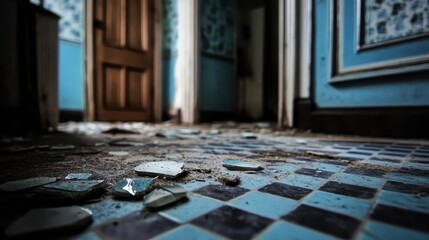 Shattered porcelain remnants lie scattered across a derelict tiled floor in an abandoned building