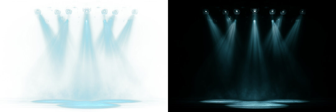 Multiple projectors emitting turquoise light downward, shown on split background with solid black and transparent PNG. Stage or podium lighting scene.