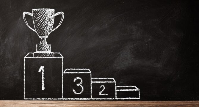 A chalk-drawn image on a blackboard shows a trophy on a first-place podium with "1," "3," and "2" on the steps
