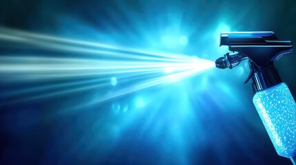 Spray nozzle emitting a bright beam of cleaning fluid against a blue luminous background