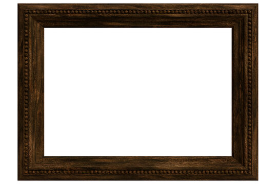rectangular dark brown wooden picture frame with textured, beaded details. It has a classic, rustic feel isolated transparent background