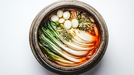 Delicious Asian Soup with Vegetables in a Stone Bowl