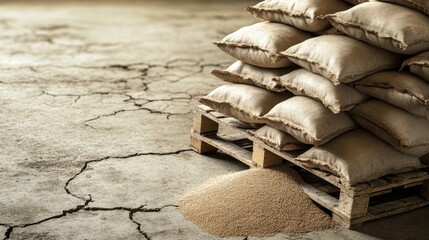 Stacked sacks of grain on a wooden pallet with spilled grain on cracked ground