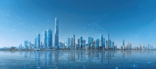 Fototapeta premium A cityscape rendered in shades of blue. Buildings of various heights are reflected in the water, under a clear sky. A network overlay adds depth