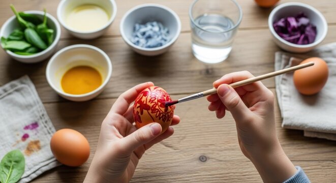Hands are preparing an Easter egg using colorful dyes and natural ingredients in a kitchen setting