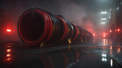 Firefighting hoses coiled tightly and ready for immediate use in a dimly lit storage area with red emergency lights in the background