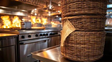 Stacked woven baskets made of natural material in a commercial kitchen with flames visible in the background