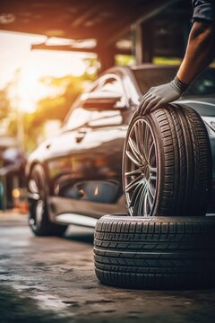 A car mechanic or service technician changing the tire of an elegant car in their garage.