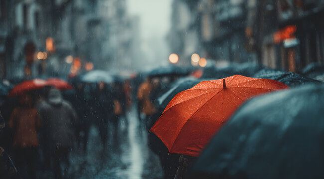 Many people stroll through a city street during a rainy day. Most of the crowd carries dark umbrellas while one person stands out with a red umbrella. The wet pavement reflects the muted colors around