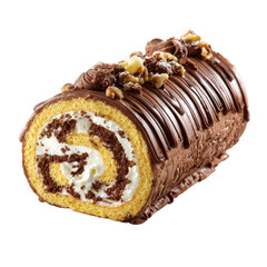 Chocolate swiss roll dessert, frosted with dark chocolate and nuts