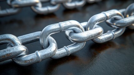 Fototapeta premium Gleaming silver metal chain links interconnected on a dark textured surface