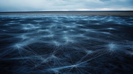 Abstract frozen water surface with intricate grid patterns of light and ice formations under a cloudy sky